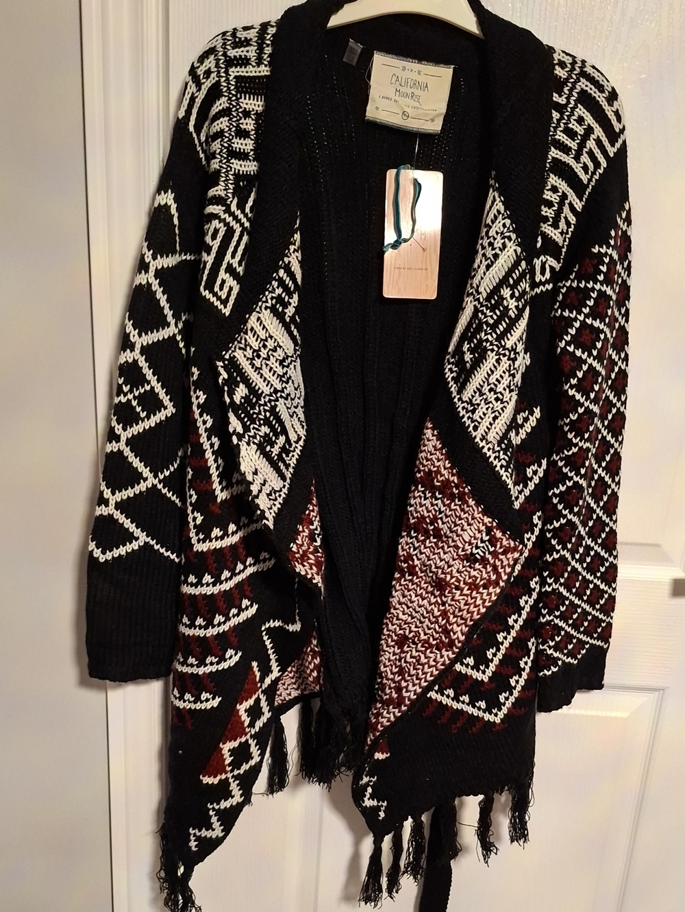 California Moonrise Black & White Open Front Patterned Fringe Cardigan Sweater